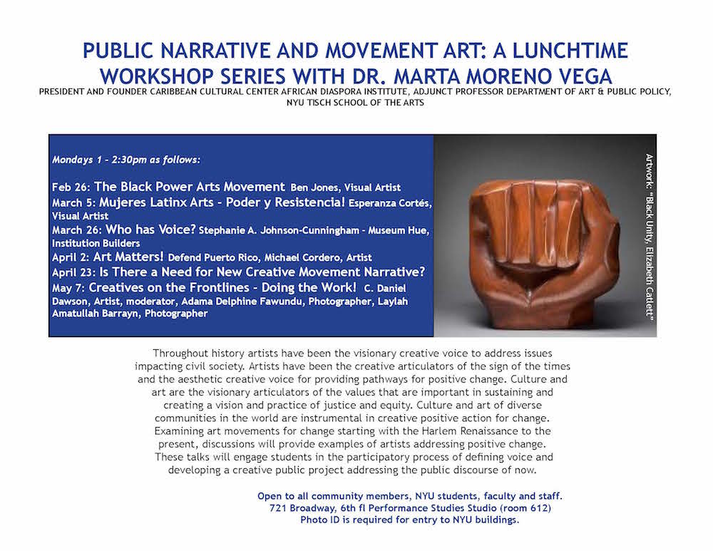 Event Flyer with Title and details; middle of page image of brown sculpture of a closed fist